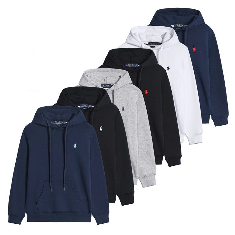 Autumn and winter Ralph Lauren men's solid color double strand tripe pullover hooded sweatshirt loose long-sleeved Paul