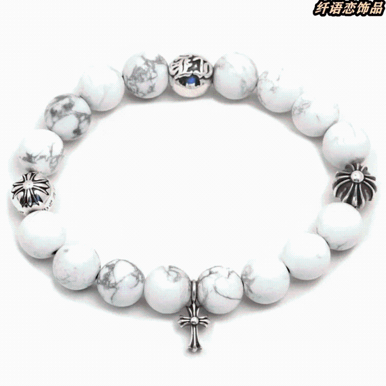 Crocentric White Agate Silver Bead String Cross Charm Beaded Bracelet