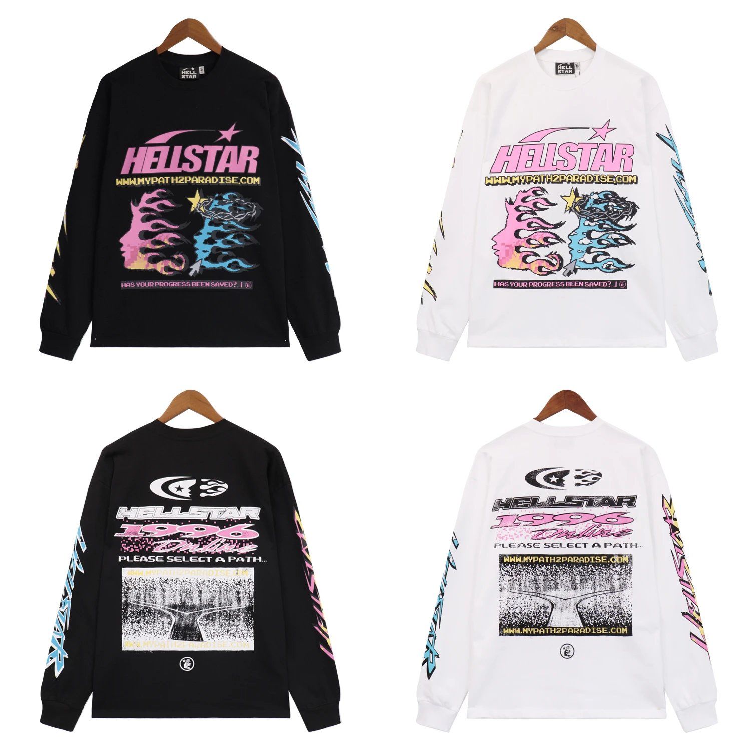 Hellstar American hip-hop spring and fall men's retro side face print loose T-shirt long-sleeved couple bottoming shirt