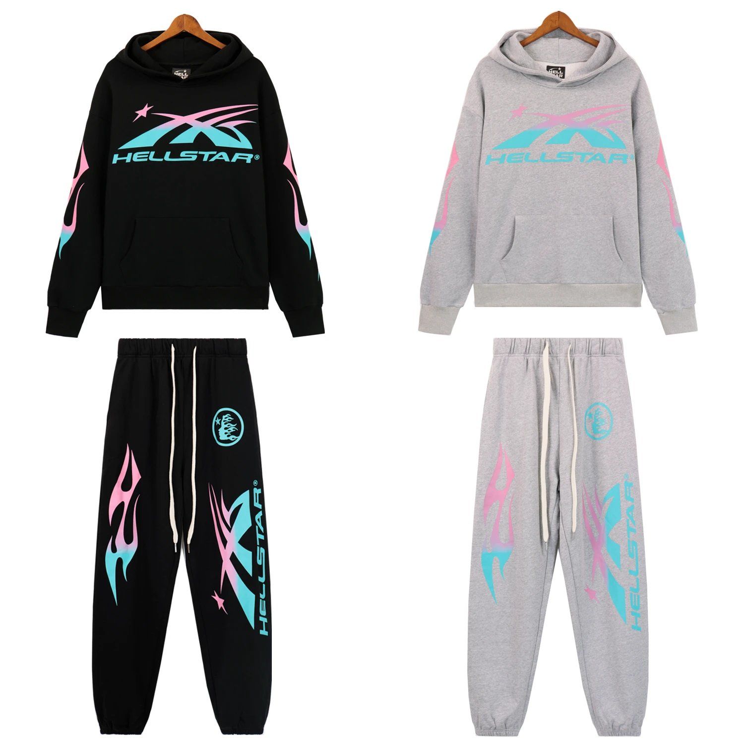 Hellstar Printed Americana Sweatshirt Set Tide Front Gradient Print Terry High Street Retro Hooded Sweatshirt