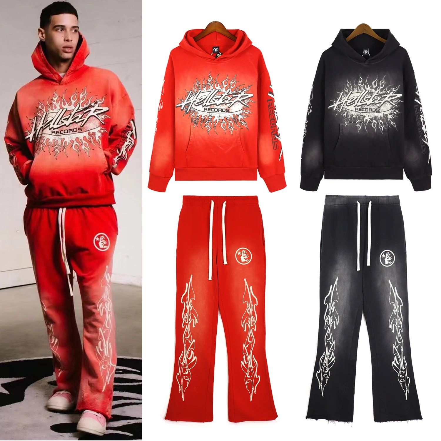 Hellstar Sweatshirt Set Tide High Street ins same retro washed do old mud print hooded sweatshirt men and women hoodie