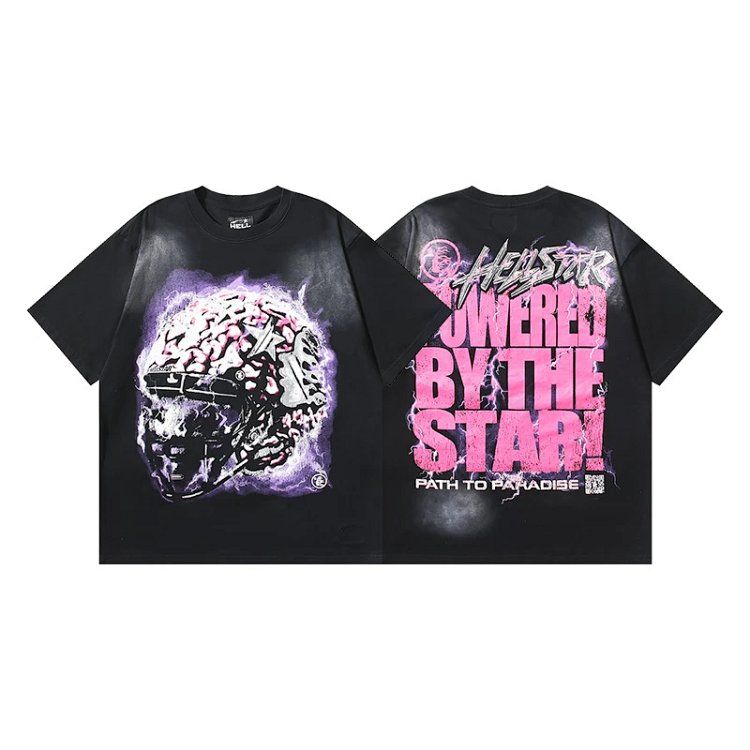 Hellstar washed black series tide-helmet crack lightning short-sleeved shirt men and women