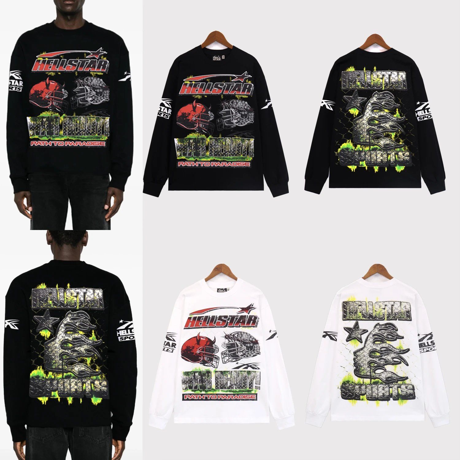 HellstarCHO American hip hop spring and fall men's retro side face printing loose T-shirt long-sleeved couple bottoming shirt