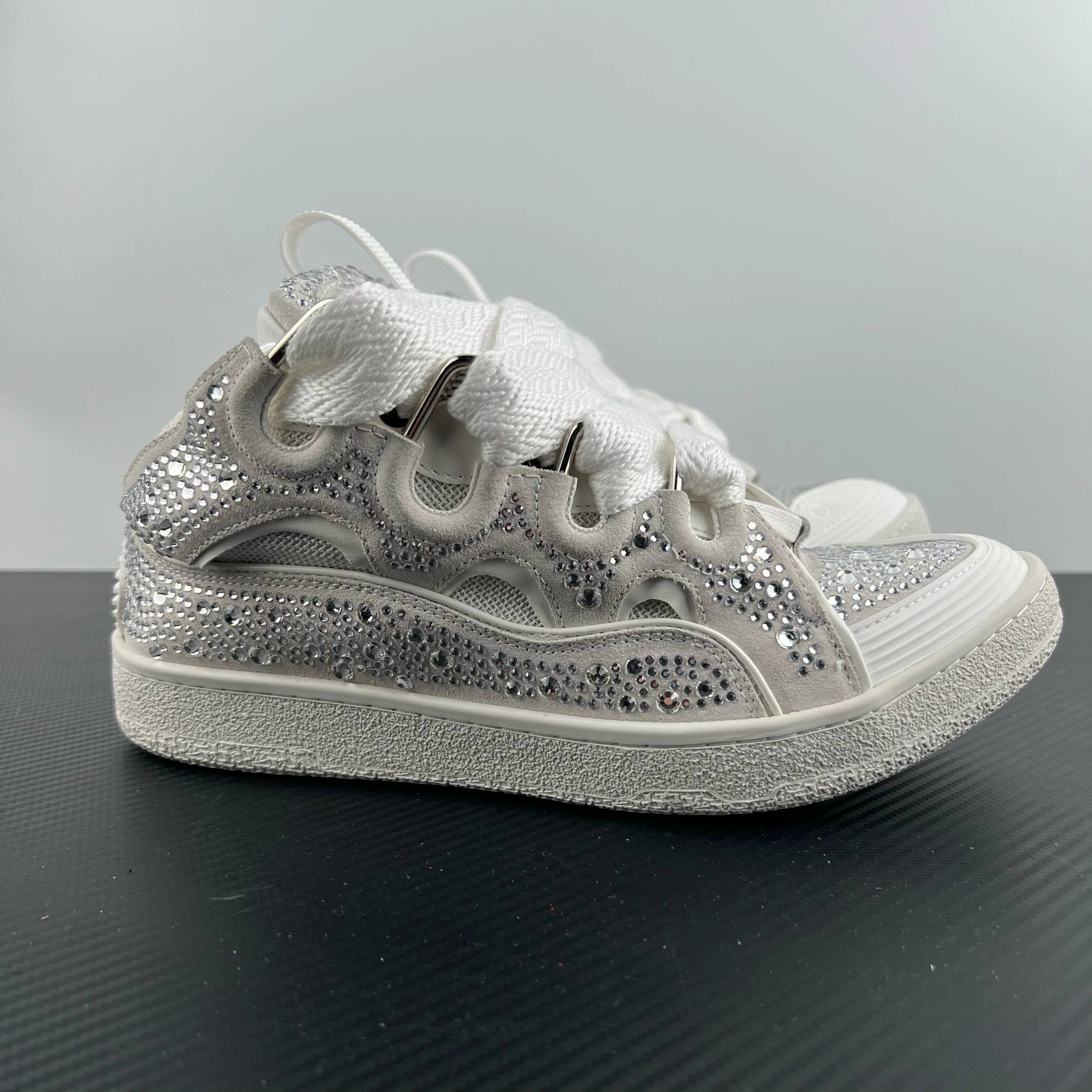 Lanvin Curb Leather Sneakers White Sparkle