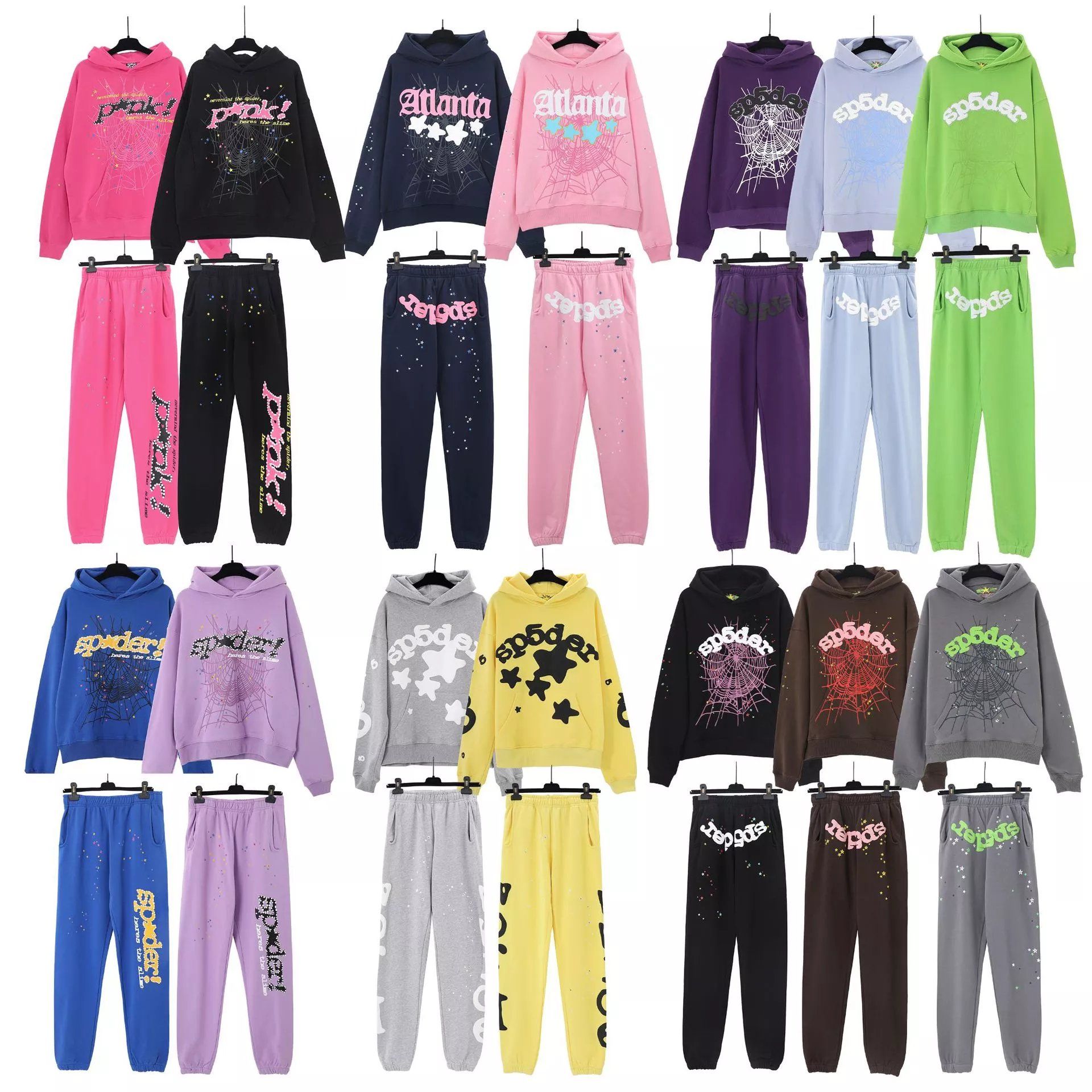 SP5DER Foam Printed Cotton Hoodie Sweatshirt Pants Set for Men and Women