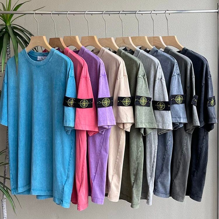 Stone Island washed shirt American retro loose round neck sleeve badge short sleeve