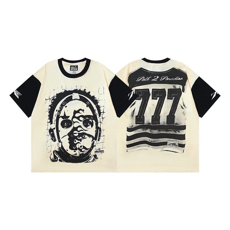 Tide brand Hellstar heavy workers head printing apricot color cotton short-sleeved shirt men and women summer