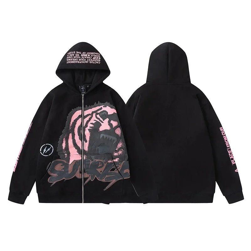 TravisScottCactusJack Hiroshi Fujiwara Co-branded Tiger Head Pattern Hooded Sweatshirt